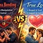 Split poster contrasting trauma bonding (left) with locked heart and arguing couple vs true love (right) with free heart and affectionate couple.