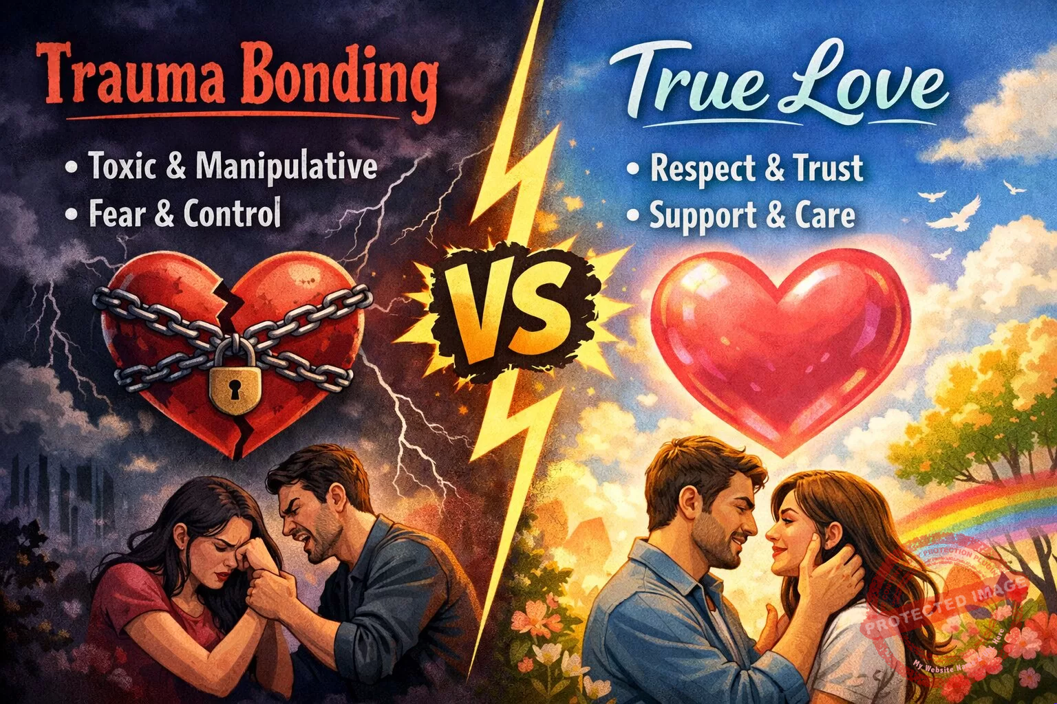 Split poster contrasting trauma bonding (left) with locked heart and arguing couple vs true love (right) with free heart and affectionate couple.
