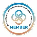 Circular badge with a gradient outer ring; edge text reads 'INTERNATIONAL INSTITUTE FOR COMPLEMENTARY THERAPIES' and 'MEMBER' in blue at the bottom.
